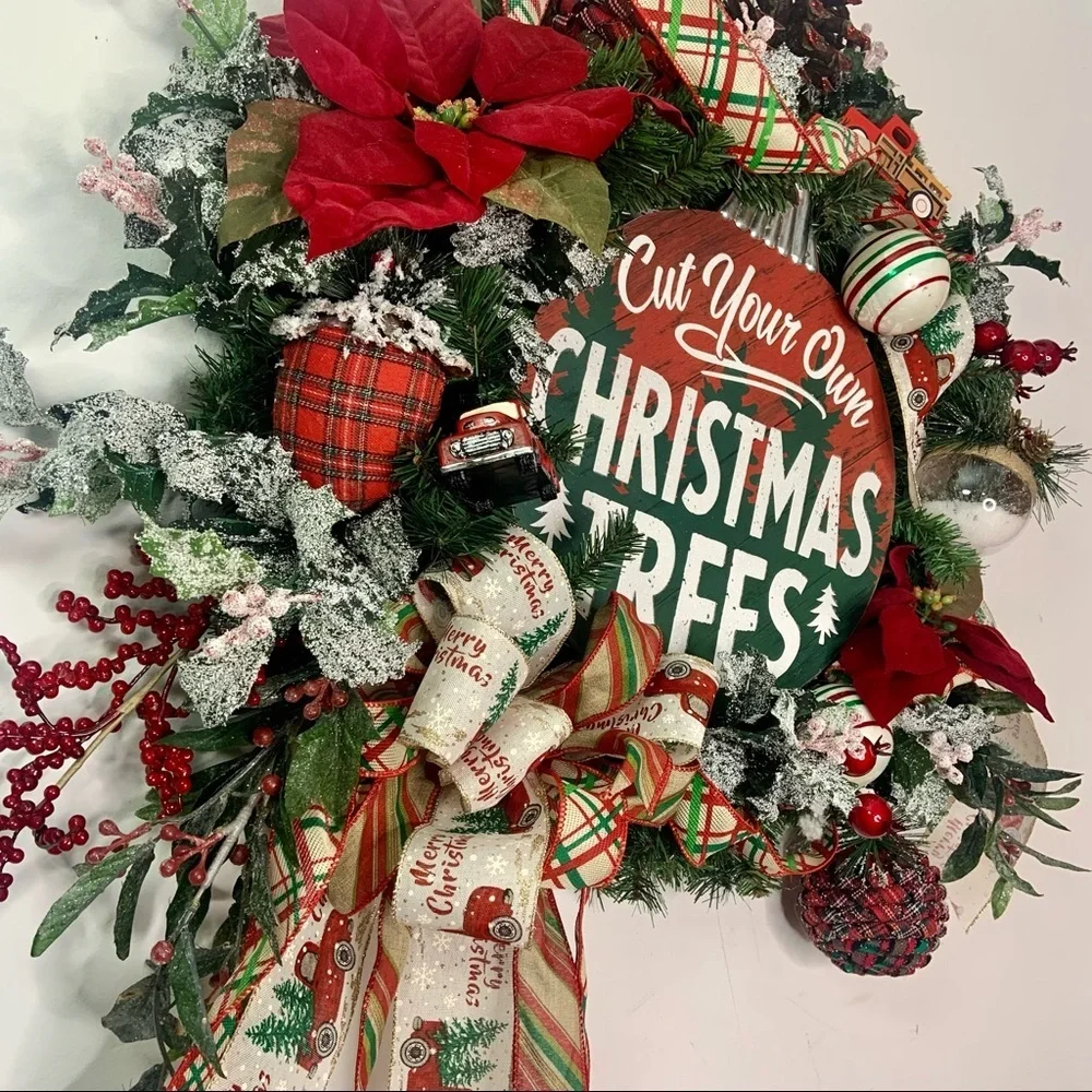 New Floral Rustic Christmas Farmhouse Pine Wreath Red Truck Trees Sign